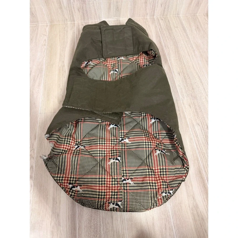 Ariat Dog Coat Olive Green Canvas Quilted Plaid Lining Medium Pet Jacket AS-IS